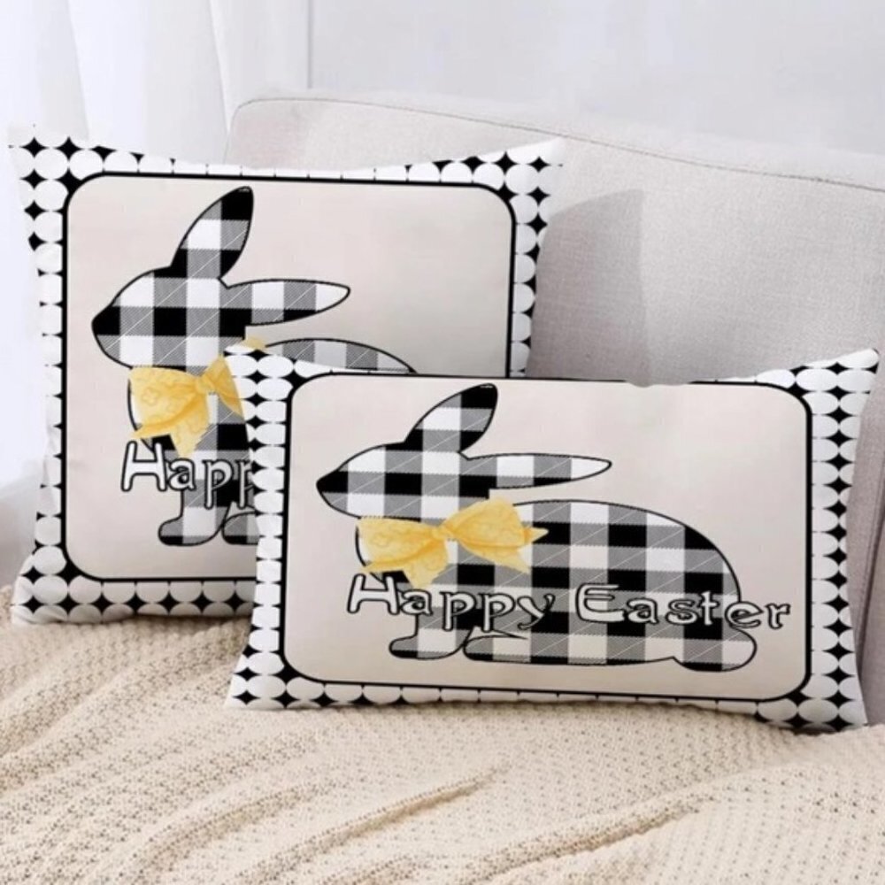 Easter Pillow Cover Buffalo Check Bunny Plaid Zipper Closure 17.7 Inch Square - Picture 2 of 13